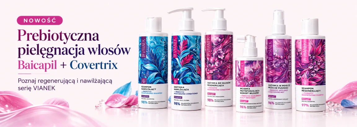 Moc składników. Piękne włosy! 💜 Odkryj prebiotyczną pielęgnację VIANEK z BAICAPIL™ i COVERTRIX™. Wzmocnij, nawilż i wygładź swoje włosy!